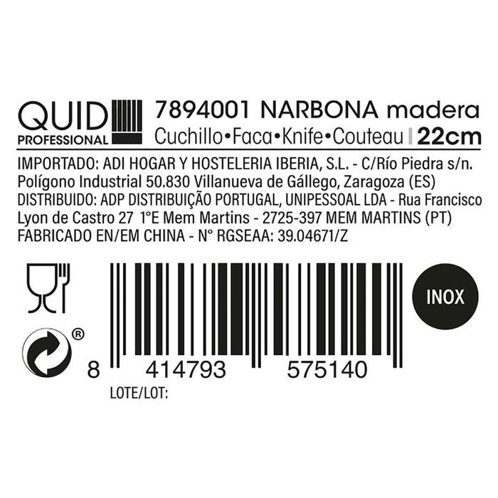 Cuchillo Mango Acero Inox y Mango Madera Narbona Quid Professional 22 cm (12 Unidades)