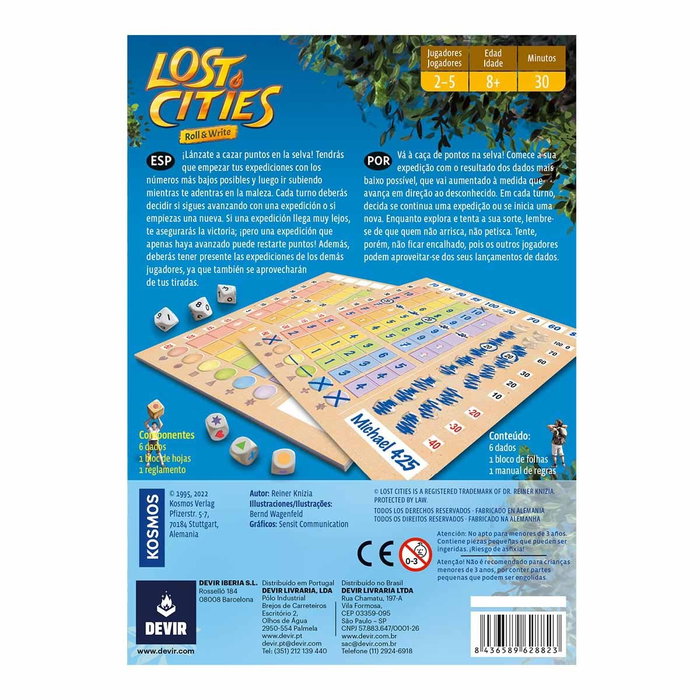 Devir Lost Cities Roll & Write - Juego de Mesa Estratégico de Expediciones y Dados, 2-5 Jugadores, 30 Minutos, +8 Años, Versión en Castellano y Portugués