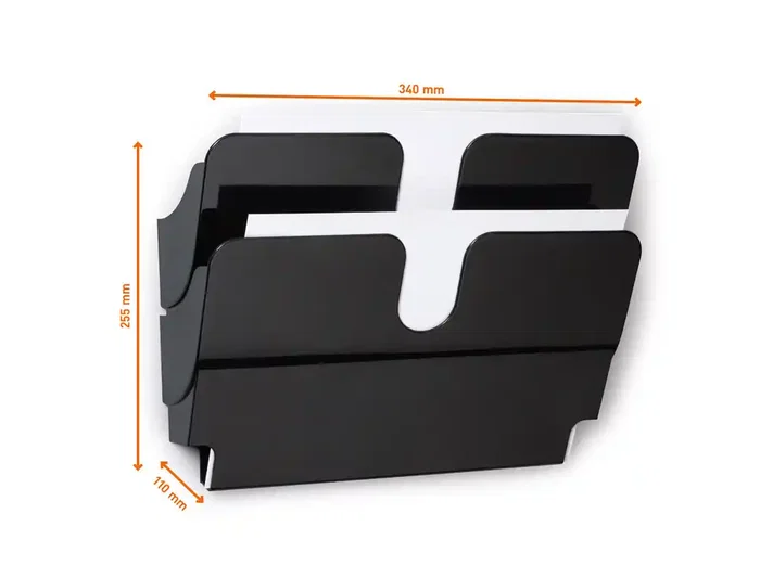 Durable Expositor Mural Magnético Flexiplus Negro, Portafolletos A4 Horizontal Doble para Paredes Metálicas, 3 kg Carga