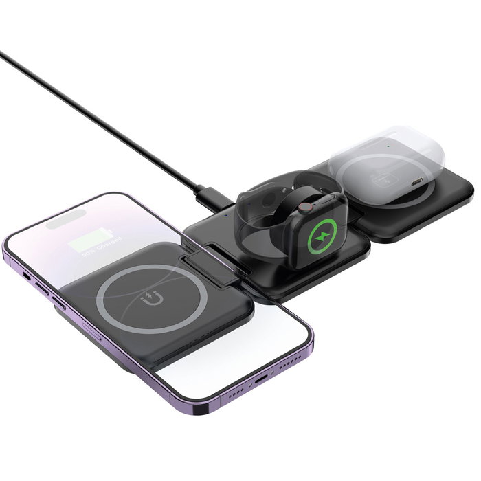 Be Mix Cargador Inductivo Plegable 3 en 1 con Almohadillas para Smartphone, Apple Watch y Auriculares - Compatible iOS/Android - Incluye Cable USB-C