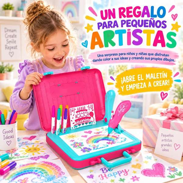 Jugatoys - ponteguap@ Maletín de dibujo con rotuladores, plantillas y aérografo