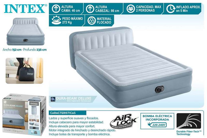 Intex Dura-Beam Deluxe Plush Headboard Cama de Aire 152x236x86cm, Altura 46cm, Soporta 272kg Intex Dura-Beam Deluxe Plush Headboard Cama de Aire 152x236x86cm, Altura 46cm, Soporta 272kg