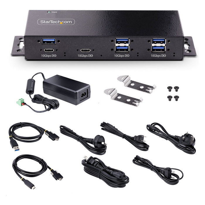 StarTech.com Hub Industrial USB 3.2 Gen 2 de 7 Puertos (5x USB-A + 2x USB-C) 10Gbps con Alimentacion y Montaje DIN | Negro