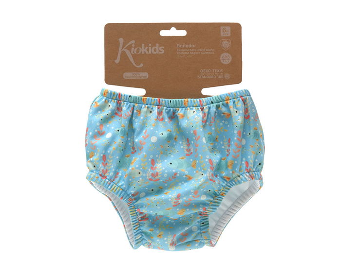 KioKids Bañador Pañal con Protección Solar UPF 50+ para Bebé - Azul, Talla 6 Meses, Poliéster Reciclado, Colección Ocean Dreams
