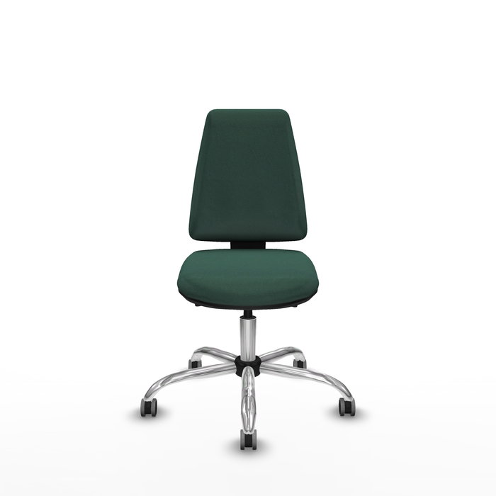 Silla de oficina Elche con mecanismo Asincro tapizada con Tela color Verde botella. Equipada con Base cromada, Sin brazos y Ruedas 65 mm parqué