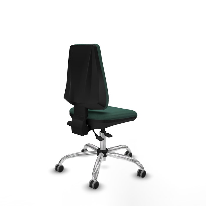 Silla de oficina Elche con mecanismo Asincro tapizada con Tela color Verde botella. Equipada con Base cromada, Sin brazos y Ruedas 65 mm parqué