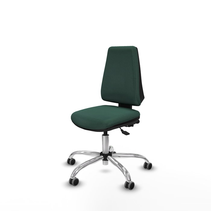 Silla de oficina Elche con mecanismo Asincro tapizada con Tela color Verde botella. Equipada con Base cromada, Sin brazos y Ruedas 65 mm parqué