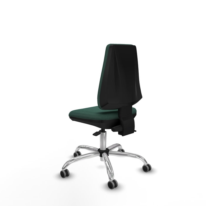 Silla de oficina Elche con mecanismo Asincro tapizada con Tela color Verde botella. Equipada con Base cromada, Sin brazos y Ruedas 65 mm parqué
