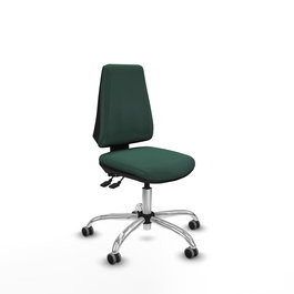 Silla de oficina Elche con mecanismo Asincro tapizada con Tela color Verde botella. Equipada con Base cromada, Sin brazos y Ruedas 65 mm parqué