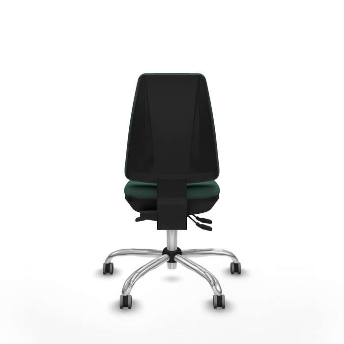 Silla de oficina Elche con mecanismo Asincro tapizada con Tela color Verde botella. Equipada con Base cromada, Sin brazos y Ruedas 65 mm parqué