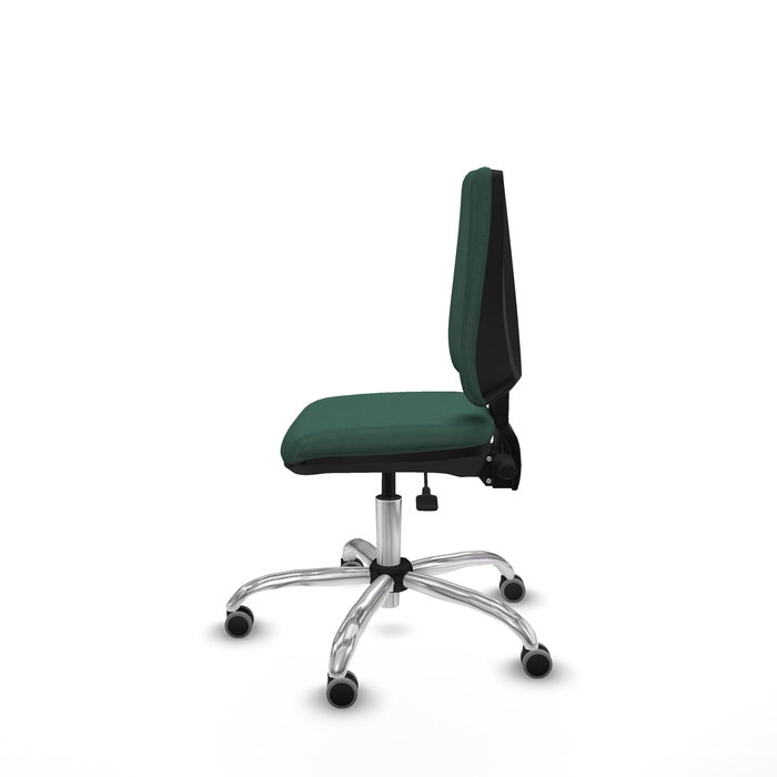 Silla de oficina Elche con mecanismo Asincro tapizada con Tela color Verde botella. Equipada con Base cromada, Sin brazos y Ruedas 65 mm parqué