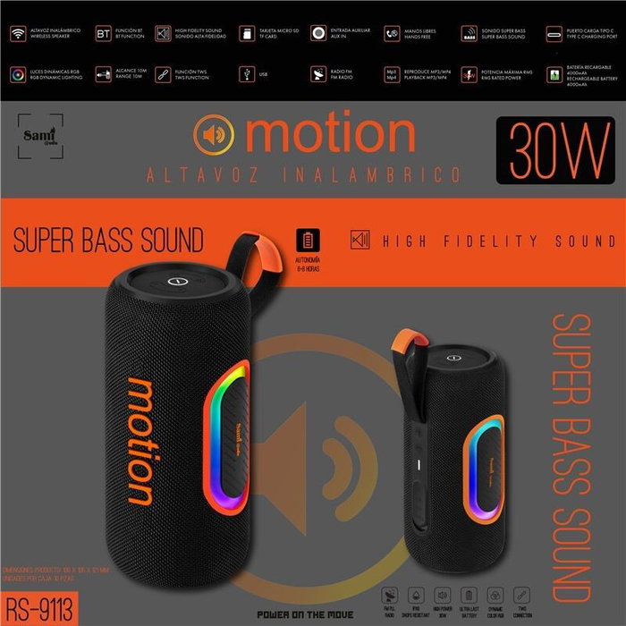 SAMI Altavoz Motion 30W con Radio Multimedia, Alta Fidelidad, Altavoz Bluetooth