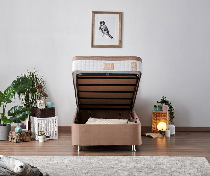 Hanah Home Conjunto Colchón, Base y Cabecero Individual 90 x 190 cm - Marrón Claro