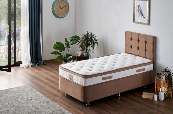 Hanah Home Conjunto Colchón, Base y Cabecero Individual 90 x 190 cm - Marrón Claro