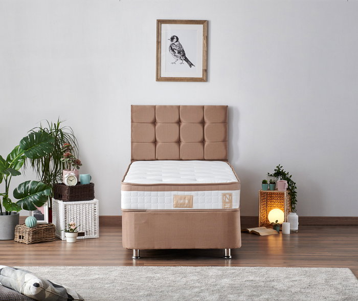 Hanah Home Conjunto Colchón, Base y Cabecero Individual 90 x 190 cm - Marrón Claro