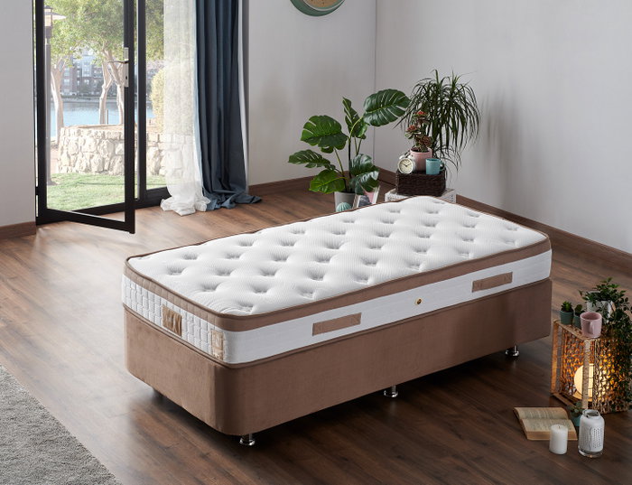 Hanah Home Conjunto Colchón, Base y Cabecero Individual 90 x 190 cm - Marrón Claro