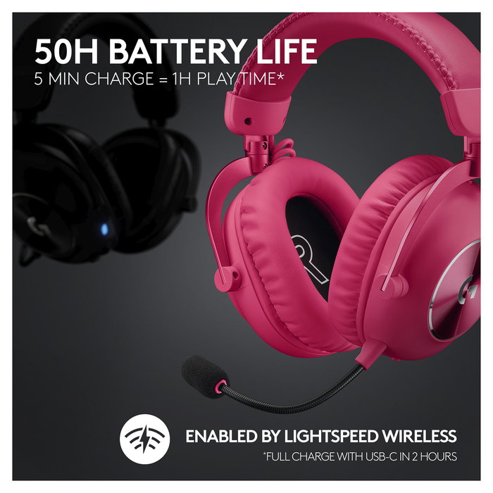Logitech Pro X 2 Lightspeed Auriculares Gaming Inalámbricos, Sonido Surround 7.1, Micrófono Blue VO!CE, Color Magenta, Ref. 981-001275