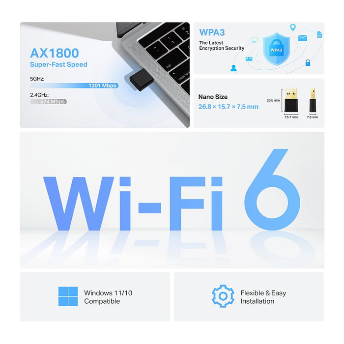 TP-Link Archer TX20U Nano Adaptador USB Wi-Fi 6 AX1800 Doble Banda Negro