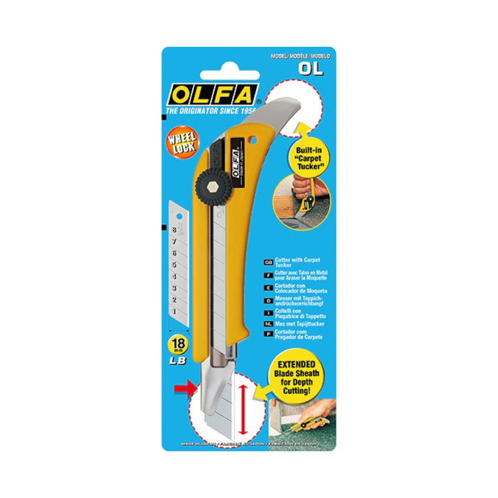 OLFA Cúter Profesional con Bloqueo Manual para Cortar Moquetas, Linóleo y Placa Escayola, Cuchilla de 18 mm con Colocador en Mango