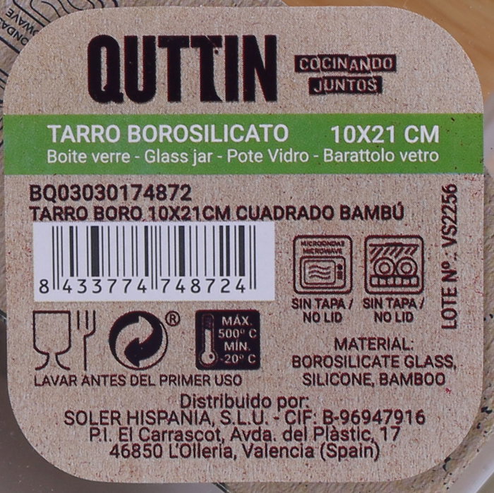 Quttin Tarro Cuadrado de Borosilicato con Tapa de Bambú 10 x 21 cm, 1600 ml (12 Unidades)