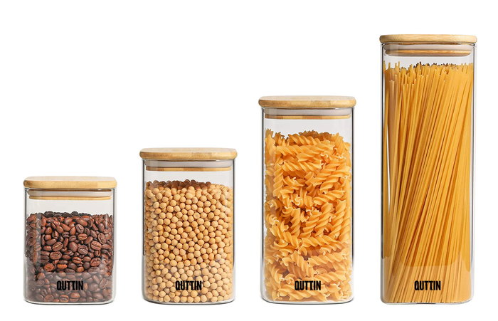 Quttin Tarro Cuadrado de Borosilicato con Tapa de Bambú 10 x 21 cm, 1600 ml (12 Unidades)