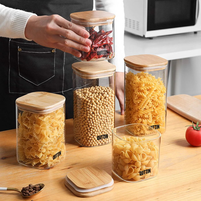 Quttin Tarro Cuadrado de Borosilicato con Tapa de Bambú 10 x 21 cm, 1600 ml (12 Unidades)