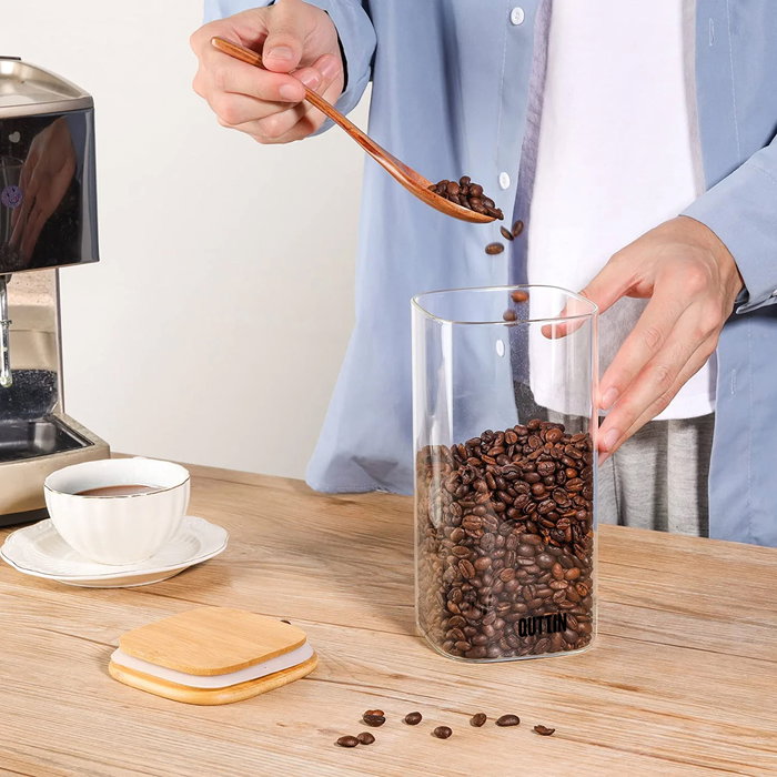 Quttin Tarro Cuadrado de Borosilicato con Tapa de Bambú 10 x 21 cm, 1600 ml (12 Unidades)