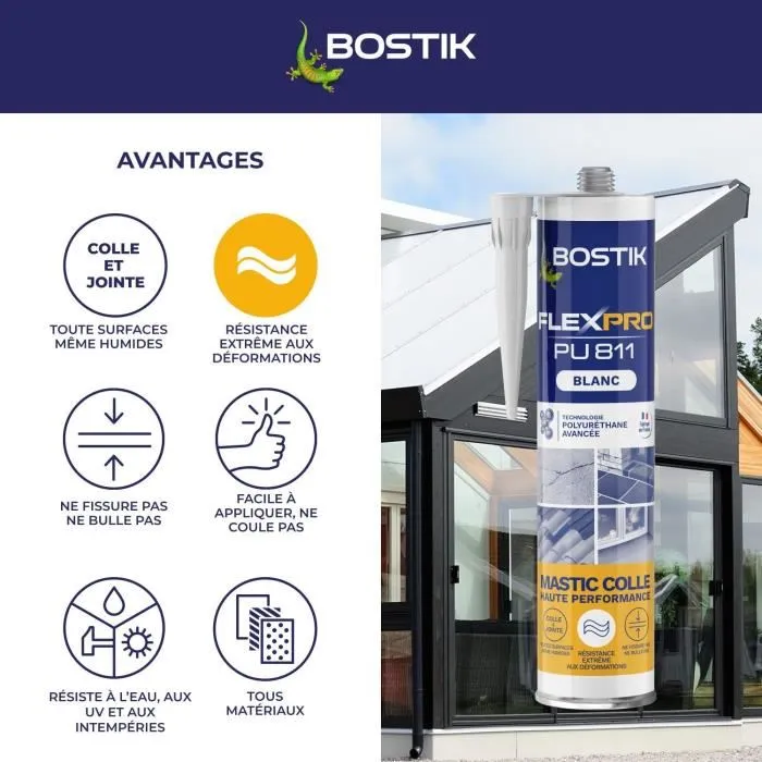 Bostik Sellador/adhesivo PU811 para Todo Tipo de Materiales Interior/exterior Blanco 300 ml