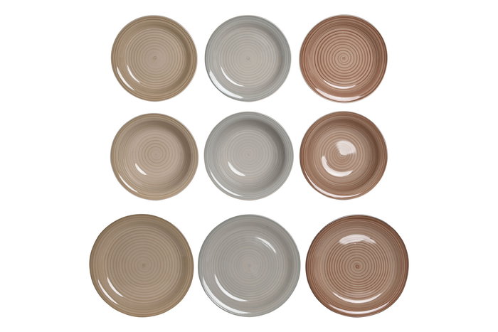 DKD Home Decor Vajilla Básicos de Gres Marrón Gris - 18 Piezas Completas, Platos de 26.5 cm, Apta para Microondas y Lavavajillas