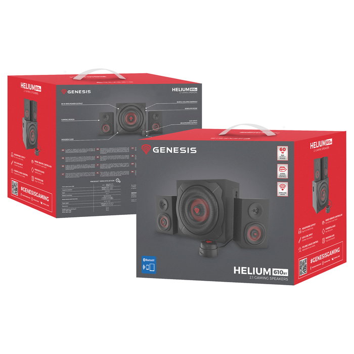 Genesis Helium 610BT Altavoces 2.1 para PC, Bluetooth 4.2, 60 W RMS, Subwoofer Activo, Madera, Negro y Rojo