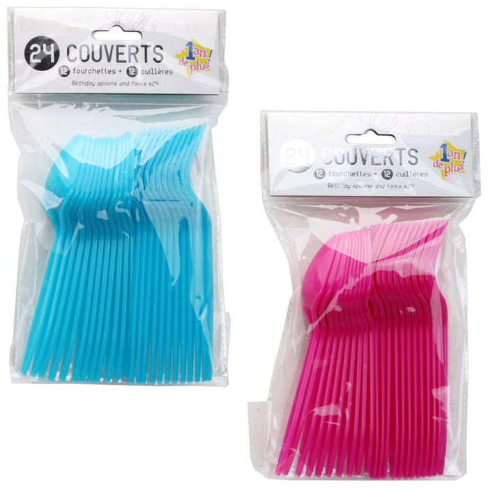 Party Time Juego De 24 Cubiertos Desechables para Fiesta Colores Surtidos Fucsia Azul