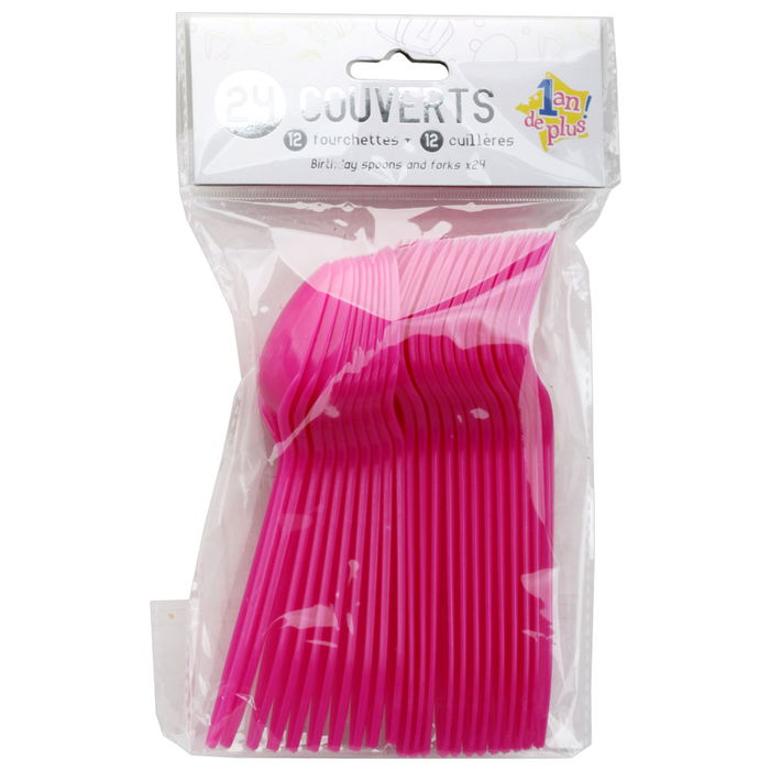 Party Time Juego De 24 Cubiertos Desechables para Fiesta Colores Surtidos Fucsia Azul