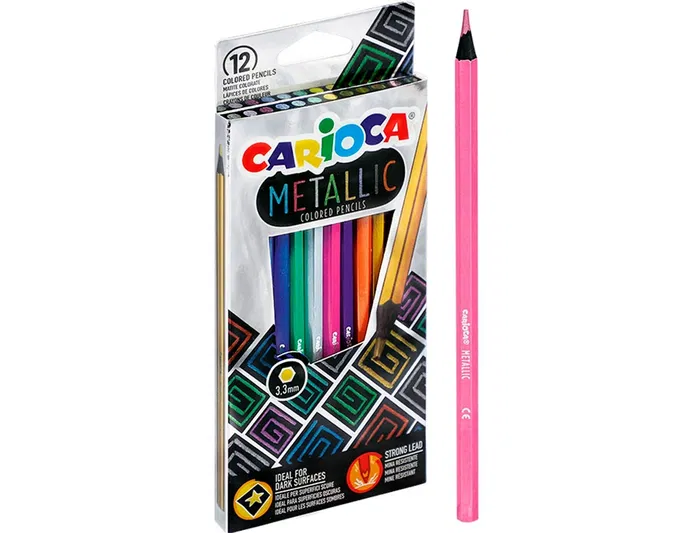 Carioca Lápices de Colores Metalizados Hexagonal Mina 3,3 mm Caja de 12 Colores Surtidos para Manualidades