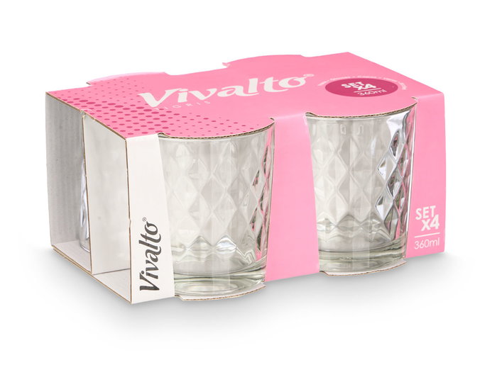 Vivalto Set 4 Vasos Vidrio Diamante 360 ml 21x16.5x10.5 cm (Set de 6)
