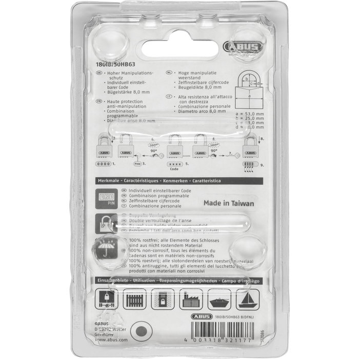 Abus Candado combinado 180IB/50HB63 B/DFNLI con cuerpo de latón y mango de acero inoxidable Abus Candado combinado 180IB/50HB63 B/DFNLI con cuerpo de latón y mango de acero inoxidable