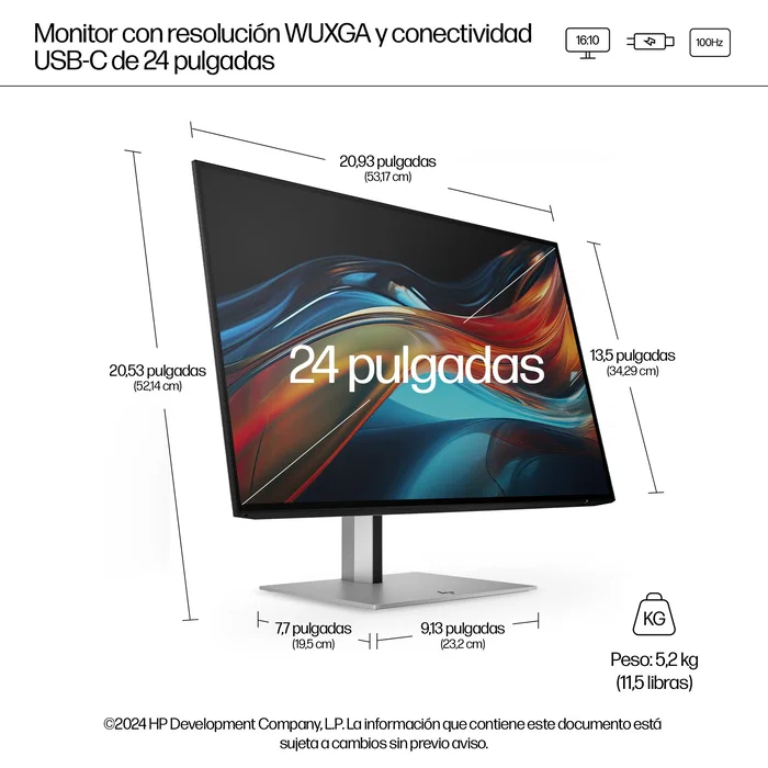 HP Pro Serie 7 Monitor Profesional 24" WUXGA 1920x1200 USB-C 100W con Carga, Pantalla IPS 100Hz, Ajustable en Altura, Pivote, Negro/Plata - Modelo 724pu