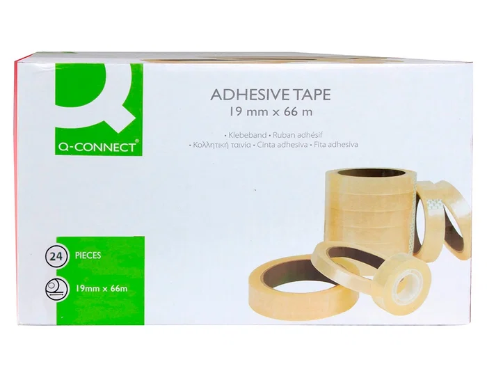 Q-connect Cinta Adhesiva Transparente 66 m x 19 mm para Embalar y Sujetar Materiales Ligeros, Presentación Encelofanada