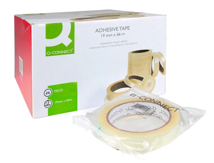 Q-connect Cinta Adhesiva Transparente 66 m x 19 mm para Embalar y Sujetar Materiales Ligeros, Presentación Encelofanada