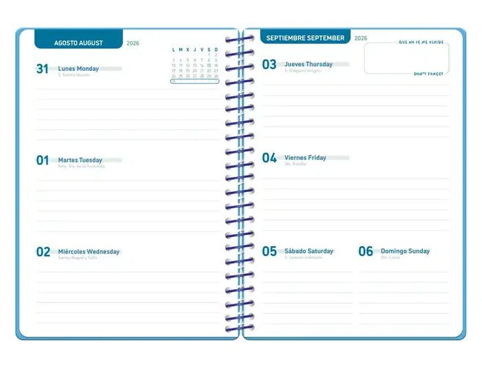 Liderpapel Agenda Escolar 2026-2027 Espiral Basic Semana Vista A5 Bilingüe, Azul Turquesa, Papel FSC 70G