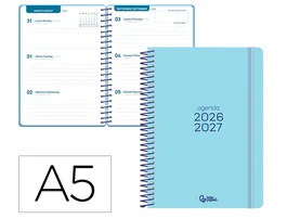 Liderpapel Agenda Escolar 2026-2027 Espiral Basic Semana Vista A5 Bilingüe, Azul Turquesa, Papel FSC 70G