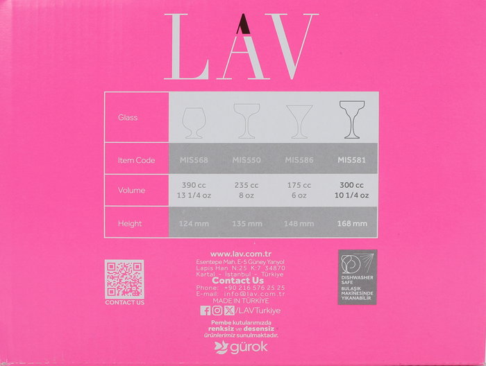 LAV Set de 6 Copas Margarita de Vidrio, 300 cc, Dimensiones: 33.8 x 22.5 x 18 cm, Colección Misket (4 Cajas)