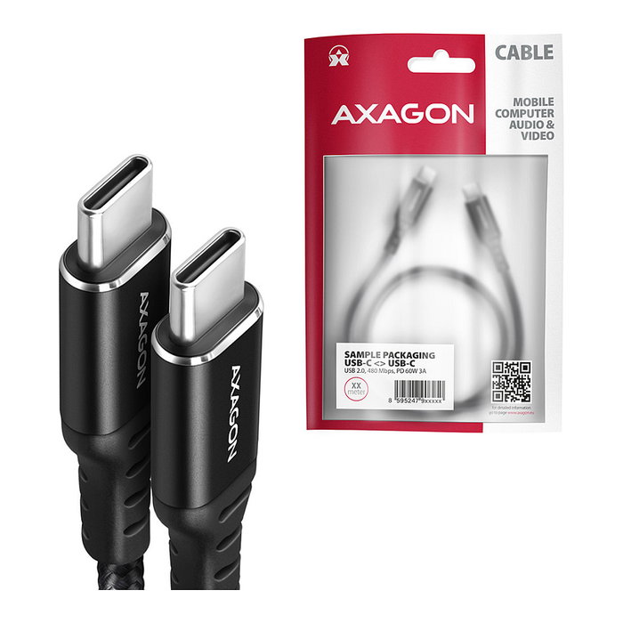 Axagon BUCM-CM20AB Cable USB-C a USB-C 2.0, 2m, PD 60W, 3A, trenzado - negro Axagon BUCM-CM20AB Cable USB-C a USB-C 2.0, 2m, PD 60W, 3A, trenzado - negro