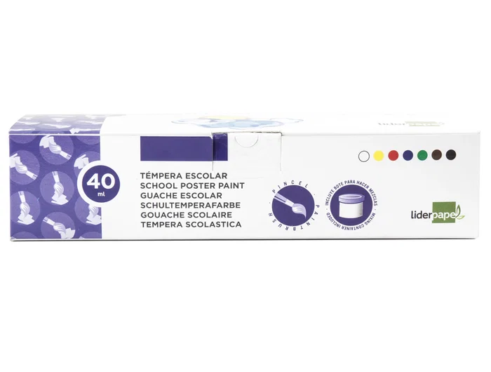 Liderpapel Tempera Escolar 40 ml Caja de 7 Colores Surtidos Incluye Pincel para Manualidades y Pintura desde 3 Años