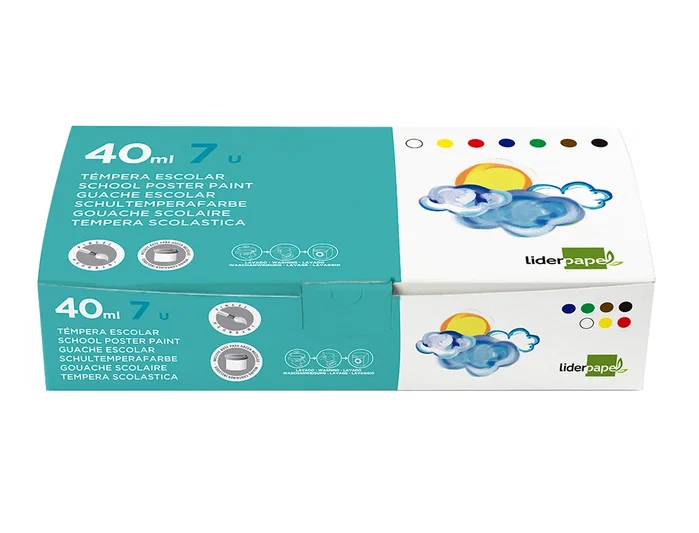 Liderpapel Tempera Escolar 40 ml Caja de 7 Colores Surtidos Incluye Pincel para Manualidades y Pintura desde 3 Años