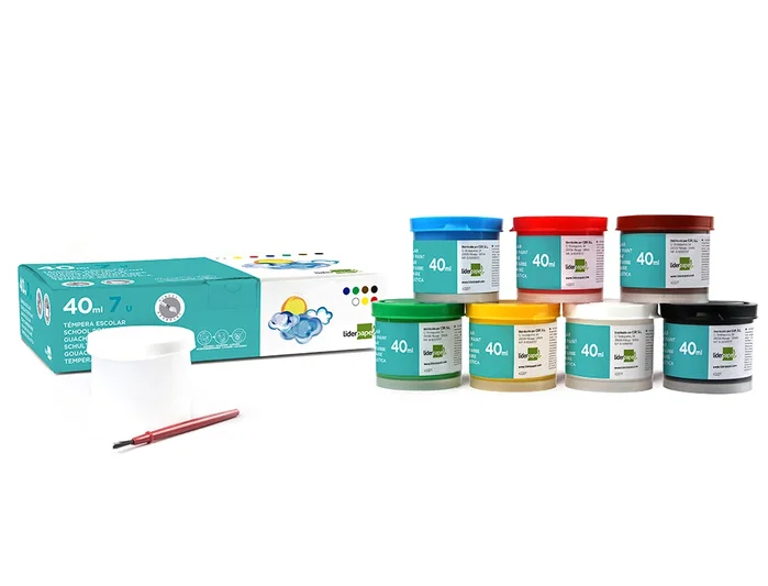 Liderpapel Tempera Escolar 40 ml Caja de 7 Colores Surtidos Incluye Pincel para Manualidades y Pintura desde 3 Años