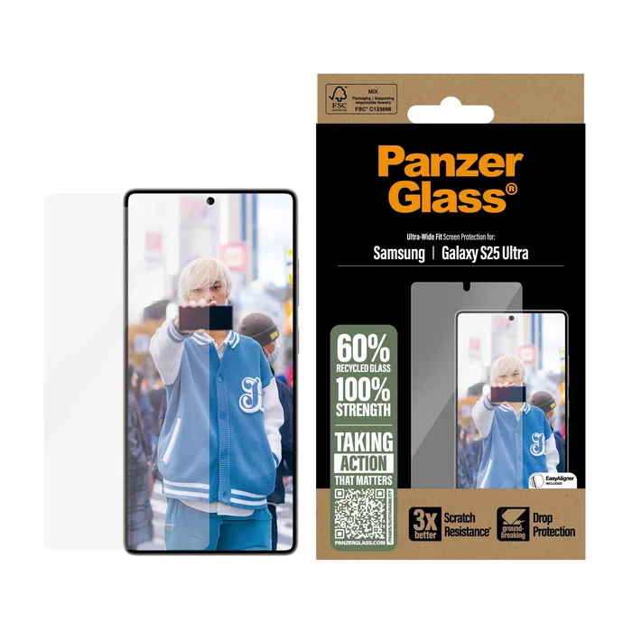 PanzerGlass Protector de Pantalla de Vidrio Templado Ultra-Wide Fit para Samsung Galaxy S25 Ultra - 1 Unidad, Aplicación en Seco, Resistente a Rayones y Golpes