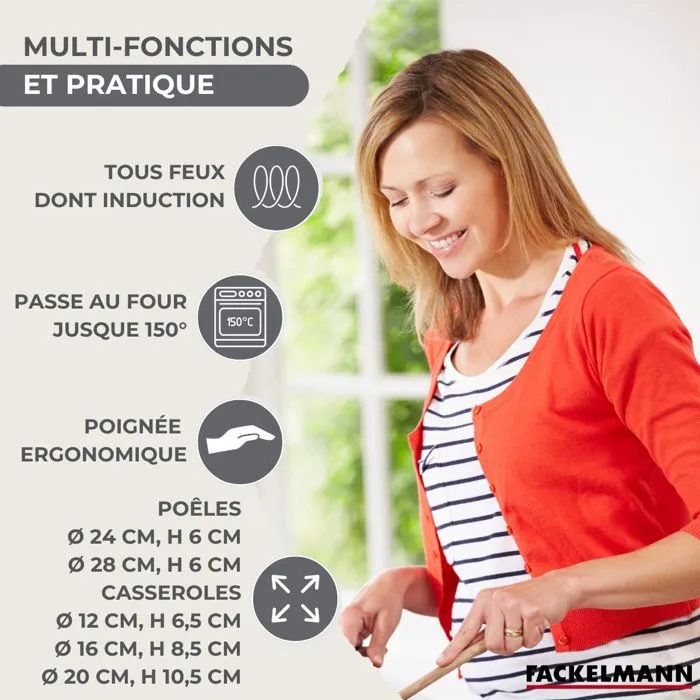 FACKELMANN Batería de cocina AABBF66246 - 5 Piezas (2 Sartenes de 24 y 28 cm, 3 Cacerolas) y 6 Utensilios de Acero Inoxidable para Todas las Placas Incluida Inducción FACKELMANN Batería de cocina AABBF66246 - 5 Piezas (2 Sartenes de 24 y 28 cm, 3 Cacerolas) y 6 Utensilios de Acero Inoxidable para Todas las Placas Incluida Inducción