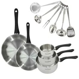 FACKELMANN Batería de cocina AABBF66246 - 5 Piezas (2 Sartenes de 24 y 28 cm, 3 Cacerolas) y 6 Utensilios de Acero Inoxidable para Todas las Placas Incluida Inducción