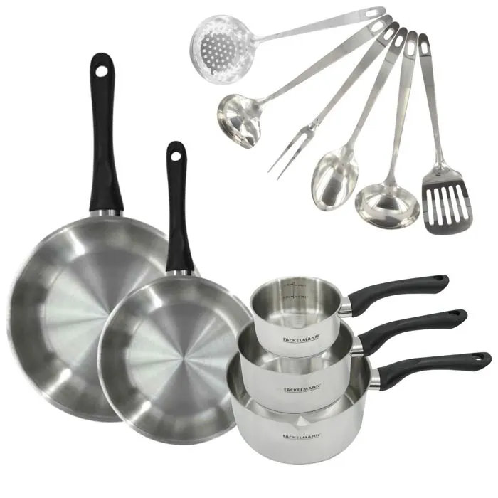 FACKELMANN Batería de cocina AABBF66246 - 5 Piezas (2 Sartenes de 24 y 28 cm, 3 Cacerolas) y 6 Utensilios de Acero Inoxidable para Todas las Placas Incluida Inducción FACKELMANN Batería de cocina AABBF66246 - 5 Piezas (2 Sartenes de 24 y 28 cm, 3 Cacerolas) y 6 Utensilios de Acero Inoxidable para Todas las Placas Incluida Inducción