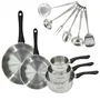 FACKELMANN Batería de cocina AABBF66246 - 5 Piezas (2 Sartenes de 24 y 28 cm, 3 Cacerolas) y 6 Utensilios de Acero Inoxidable para Todas las Placas Incluida Inducción
